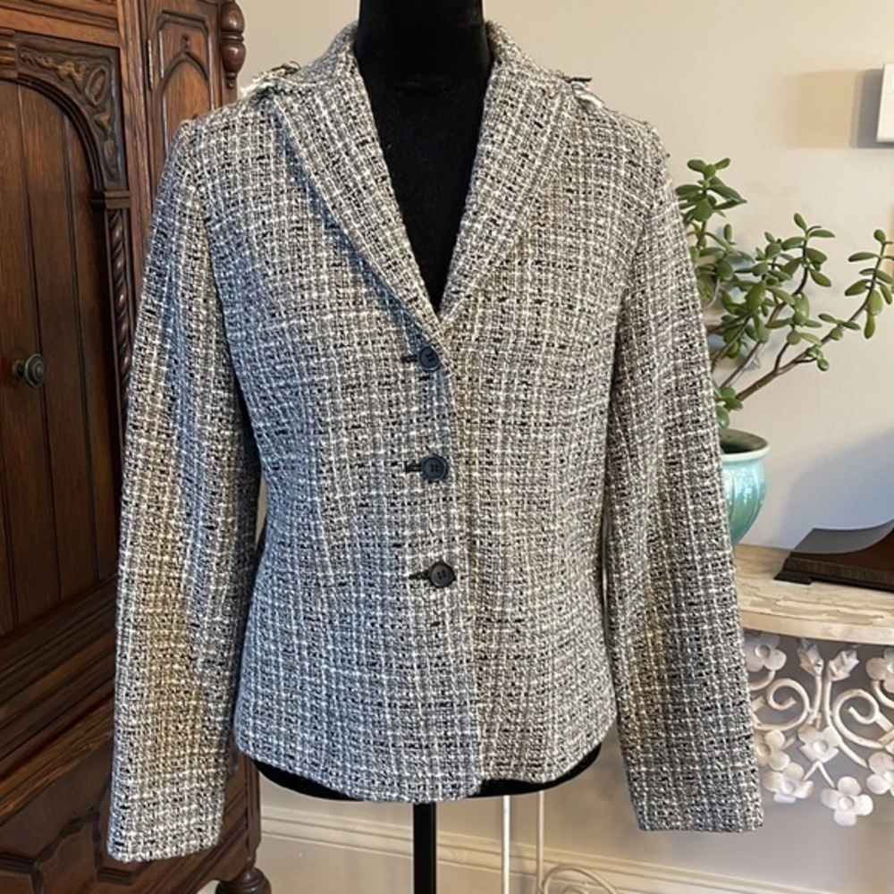 Apostrophe Womens Gray Single Breasted Fringe Notch Lapel Tweed Blazer Size 8P